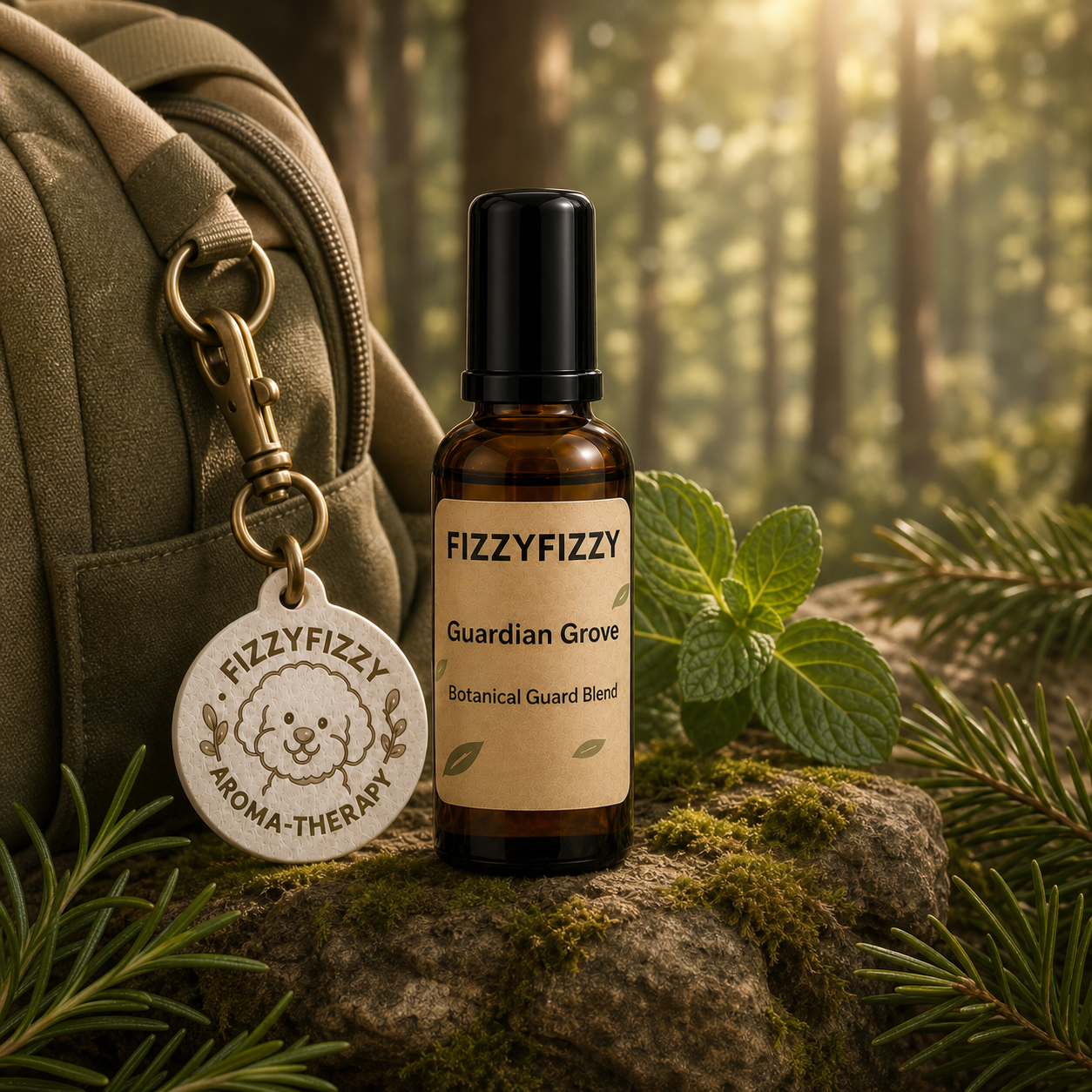 陈列在亚麻与石材上的 FIZZYFIZZY 宠物护理系列