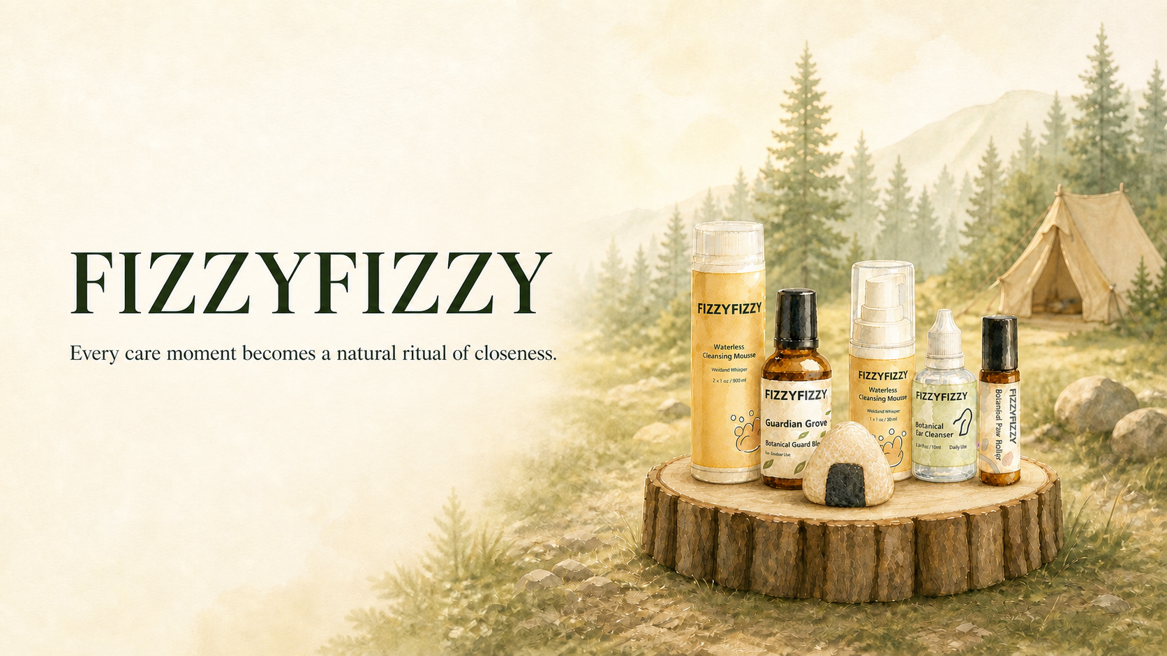 FIZZYFIZZY companion-care products arranged on linen and stone